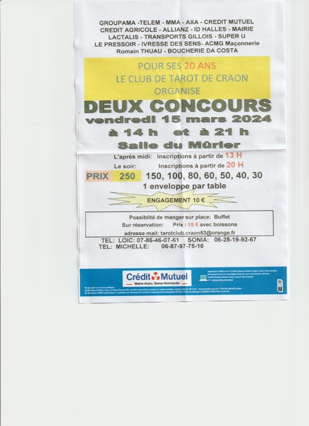 Affiche de l'organisateur du concours VENDREDI 15 MARS Concours Tarot 14 et 21H 20 ANS du CLUB