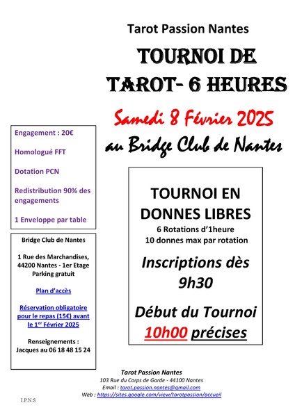 Affiche de l'organisateur du concours 6 heures de Tarot à Nantes - Samedi 8 Février 2025