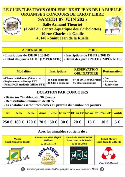 Affiche de l'organisateur du concours 2 concours de tarot à St Jean de la Ruelle - agglo. d'Orléans - 45 - le samedu 07/0/2025
