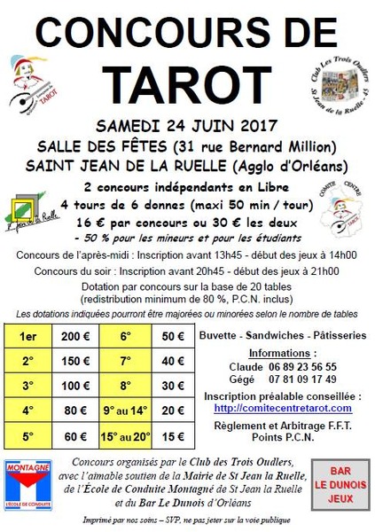 Affiche de l'organisateur du concours 2 Concours de tarot à St Jean de la Ruelle (banlieue d'Orléans - 45)