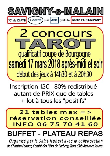 Affiche de l'organisateur du concours 2 concours de tarot en donnes libres, l'un l'après-midi, l'autre le soir