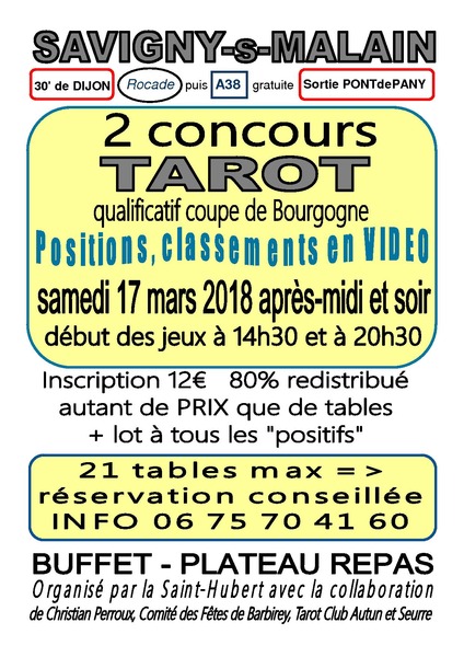 Affiche de l'organisateur du concours Tarot, deux concours l'un l'après-midi, l'autre le soir.