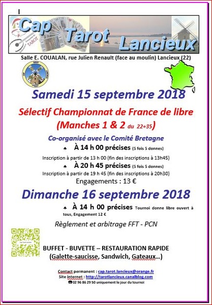 Affiche de l'organisateur du concours W.E Tarot Lancieux 15 et 16 septembre