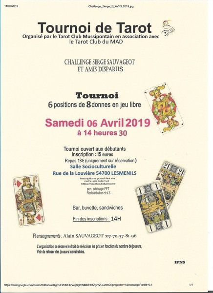 Affiche de l'organisateur du concours Concours de tarot 6 fois 8 donnes