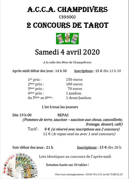 Affiche de l'organisateur du concours 2 Concours de tarot à CHAMPDIVERS - 39 - Jura - Salle des fetes de Champdivers