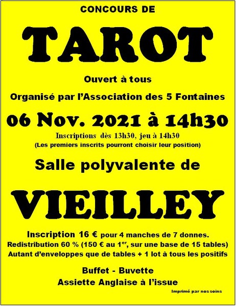 Affiche de l'organisateur du concours Concours de tarot de l'association "Les 5 Fontaines" à Vieilley 25 870