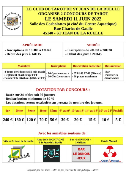 Affiche de l'organisateur du concours Concours de tarot - AM et SOIR à St Jean de la Ruelle (Loiret - agglomération d'Orléans)