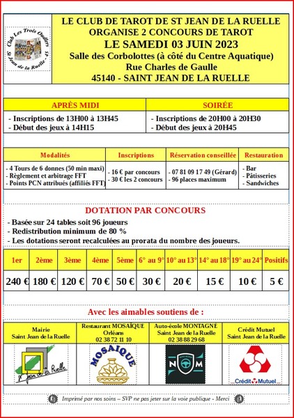 Affiche de l'organisateur du concours 2 concours de tarot à St Jean de la Ruelle (45) - agglo. d'Orléans